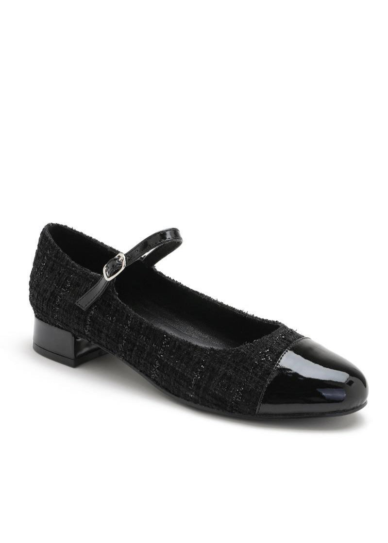 Ballerines en tweed noires femme avec bride fine et bout verni, petit talon carré brillant, style rétro élégant en textile noir scintillant – Timalya.