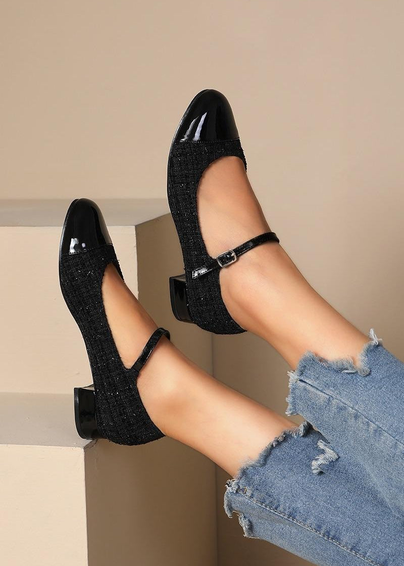 Ballerines en tweed noires femme avec bride fine et bout verni, petit talon carré brillant, style rétro élégant en textile noir scintillant – Timalya.