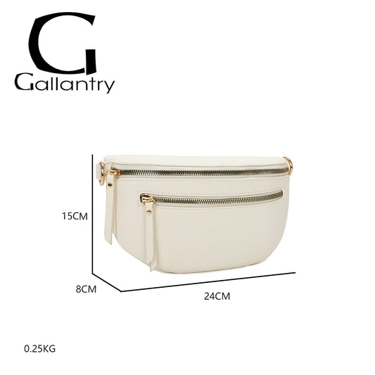Banane Gallantry beige en simili cuir grainé, avec sangle réglable à motif chevrons, fermeture zippée et poche frontale, idéale pour un look tendance et pratique