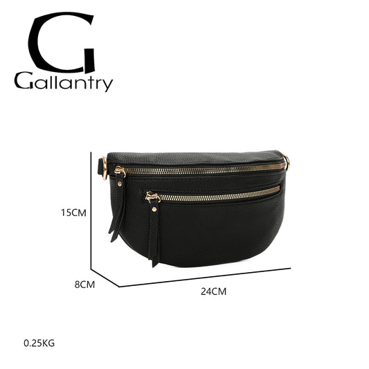Banane Gallantry noire en simili cuir grainé, avec sangle réglable à motif chevrons, fermeture zippée et poche frontale, idéale pour un look tendance et pratique