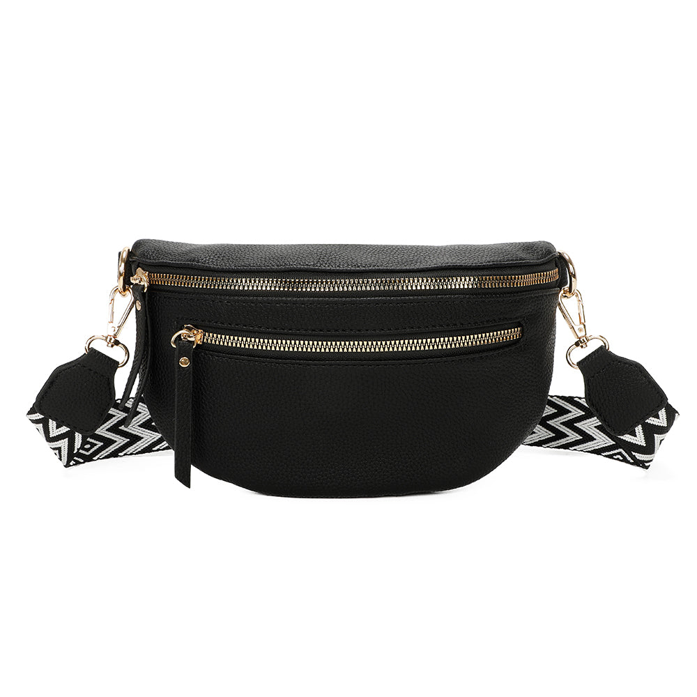 Banane Gallantry noire en simili cuir grainé, avec sangle réglable à motif chevrons, fermeture zippée et poche frontale, idéale pour un look tendance et pratique