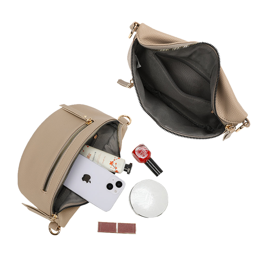 Banane Gallantry taupe simili cuir grainé, avec sangle réglable à motif chevrons, fermeture zippée et poche frontale, idéale pour un look tendance et pratique