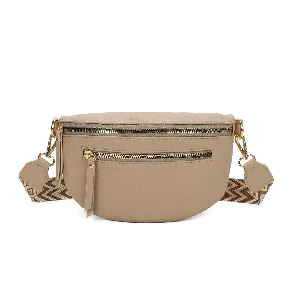 Banane Gallantry taupe simili cuir grainé, avec sangle réglable à motif chevrons, fermeture zippée et poche frontale, idéale pour un look tendance et pratique
