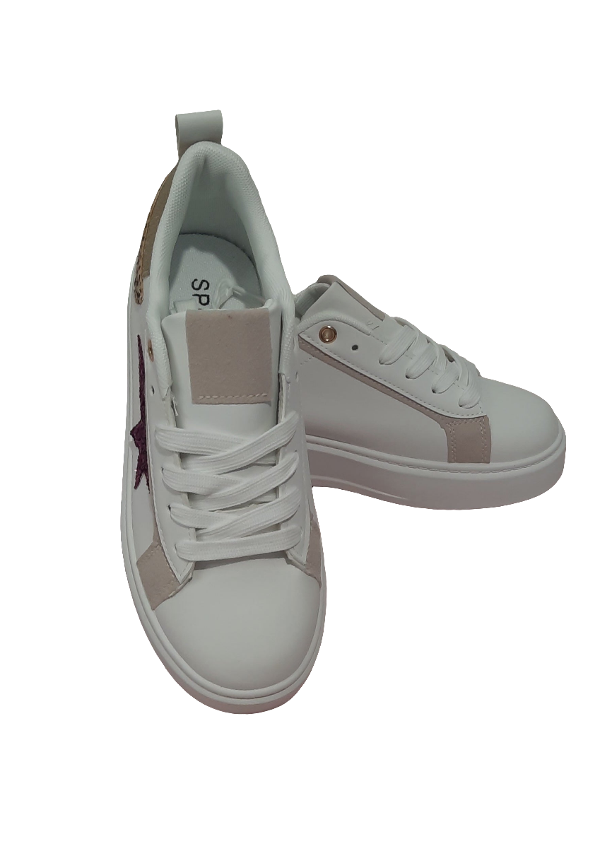Baskets femme blanches avec étoile pailletée fuchsia sur le côté et détail doré léopard à l’arrière, semelle plateforme, look fun et tendance – Timalya.