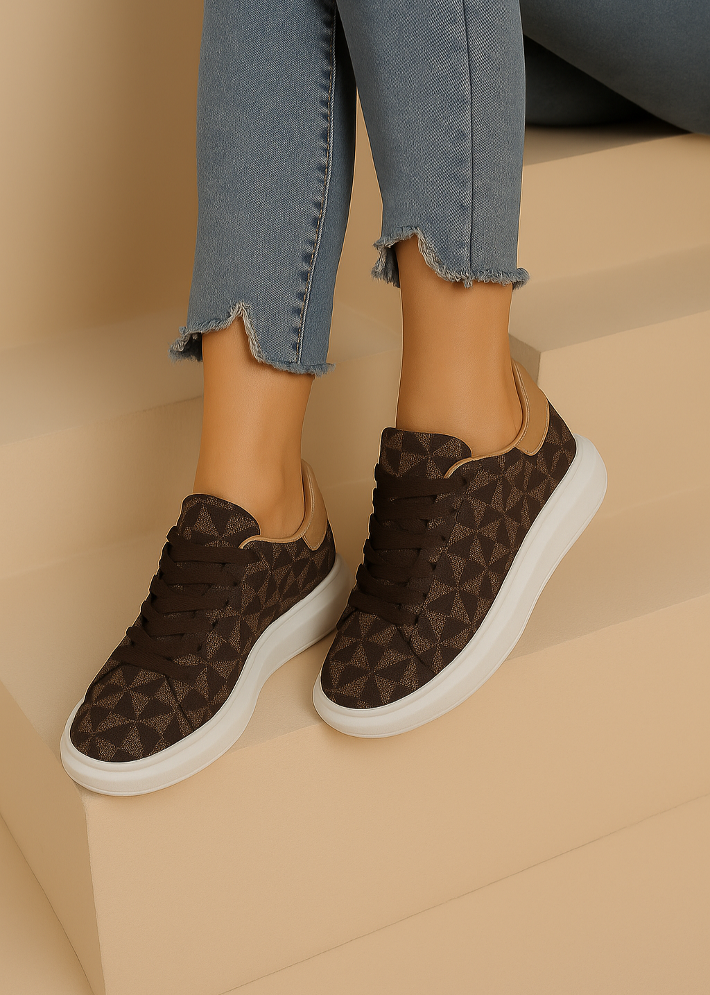 Baskets femme marron à motif géométrique triangle noir, avec détails beige et semelle blanche épaisse. Style moderne et confortable – collection Timalya chaussures.