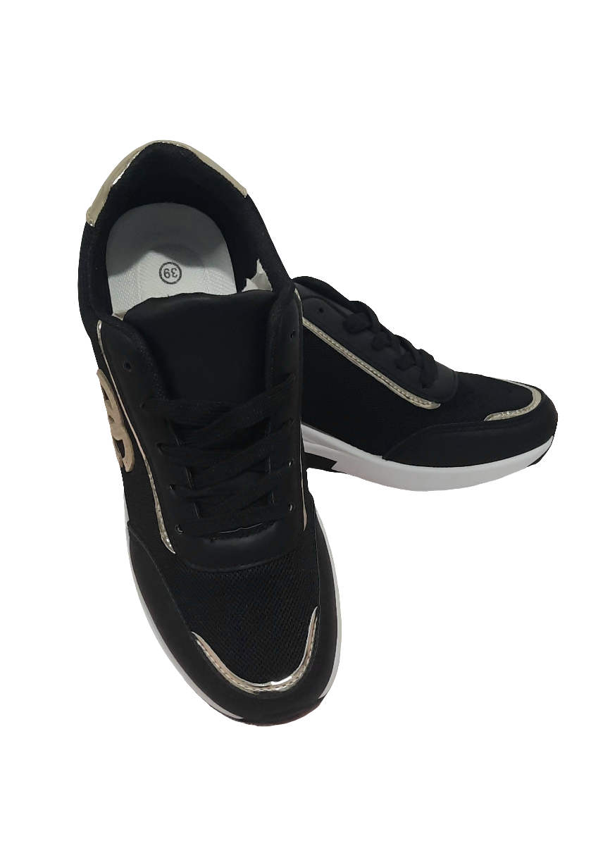 Baskets femme noires compensées avec logo entrelacé taupe, finitions dorées au talon et surpiqûres, semelle blanche compensée, style chic et urbain – Timalya.