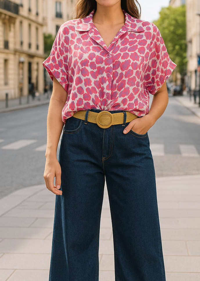 Chemise fluide à manches courtes pour femme, imprimé léopard rose et violet sur fond blanc, col classique, nouée à la taille pour un look tendance et estival.