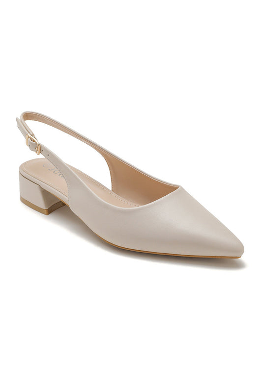 Escarpins femme beige style slingback, bout pointu, talon carré bas et bride réglable à boucle dorée, élégants et confortables – Timalya.
