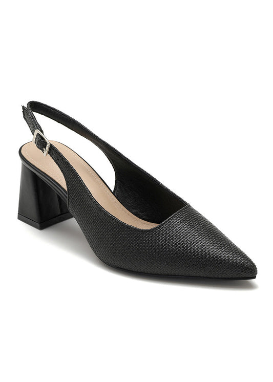 Escarpins slingback noirs pour femme, bout pointu, effet texturé façon cuir embossé, talon carré stable, bride réglable avec boucle – Timalya.
