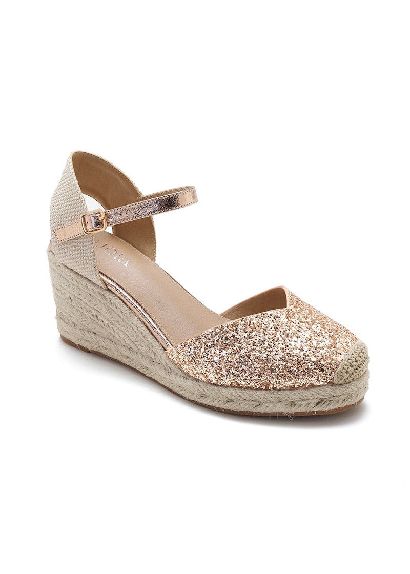 Espadrilles compensées femme champagne à paillettes, bride champagne ajustable, semelle en corde style espadrille, parfaites pour un look chic d'été – Timalya.