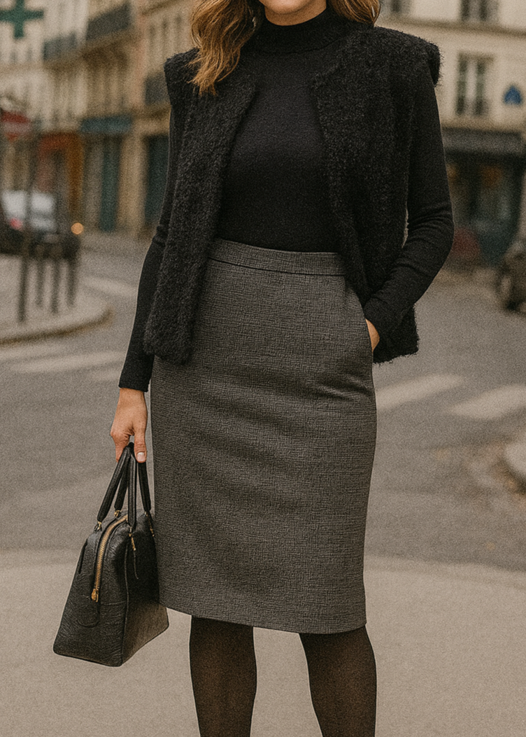 Gilet sans manches en maille duveteuse noir, coupe ample et ouverte sans fermeture, 2 poches. Parfait pour une superposition cosy et stylée en mi-saison.