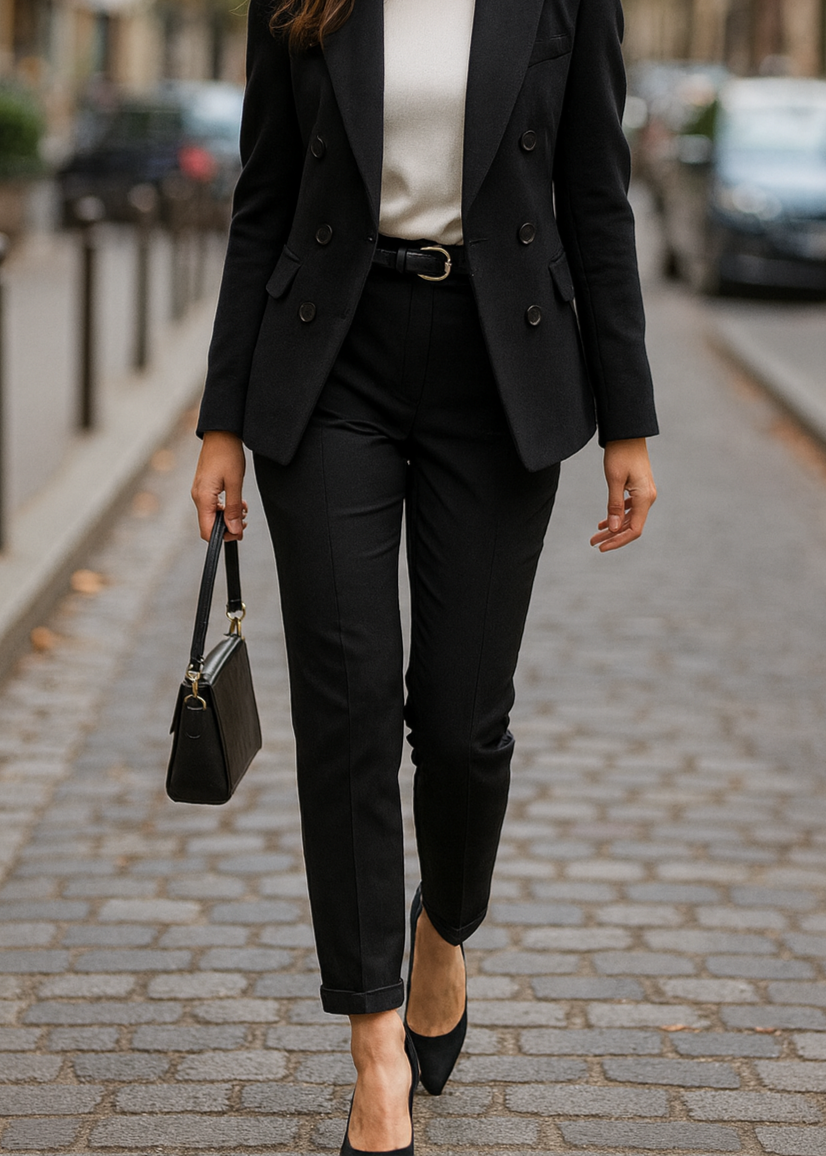 Pantalon noir droit pour femme, ceinture noire à boucle argentée, coupe élégante avec revers en bas de jambe. Parfait pour un look chic et moderne, idéal au bureau ou en soirée.