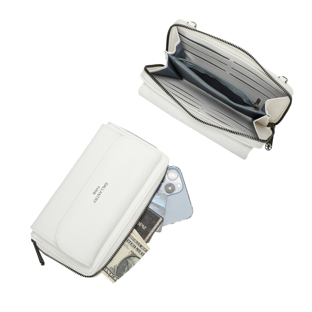 Portefeuille à bandoulière Gallantry en simili cuir blanc, avec grande poche frontale et sangle fantaisie à motif chevrons, pratique et tendance pour femme
