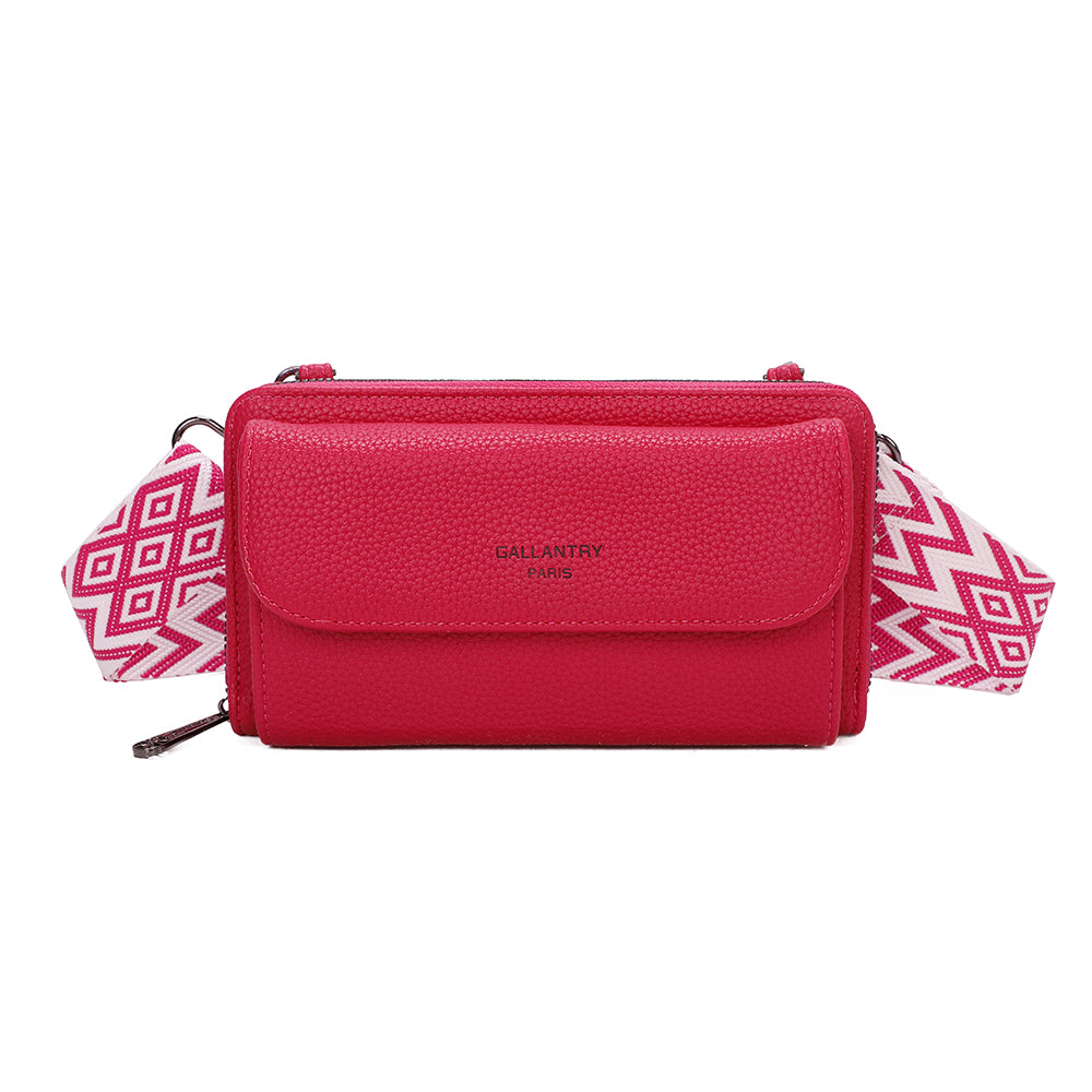 Portefeuille à bandoulière Gallantry en simili cuir fuchsia, avec grande poche frontale et sangle fantaisie à motif chevrons, pratique et tendance pour femme