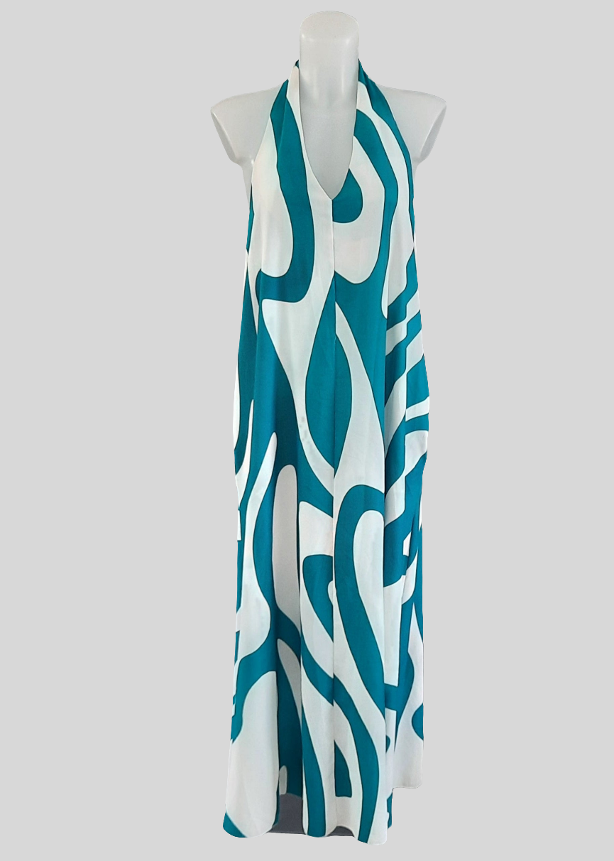 Robe longue dos-nu verte à col halter pour femme, coupe fluide avec imprimé graphique et poches, idéale pour l’été – Timalya.