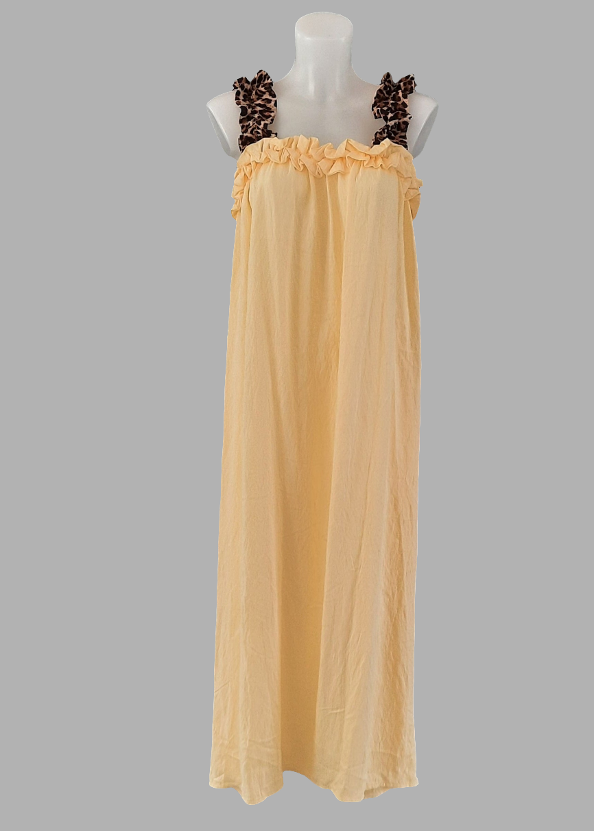 Robe jaune à bretelles léopard pour femme, coupe longue fluide, contraste mode et détails élégants – idéale pour l’été – Timalya.