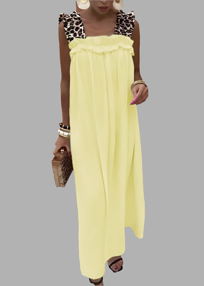 Robe jaune à bretelles léopard pour femme, coupe longue fluide, contraste mode et détails élégants – idéale pour l’été – Timalya.