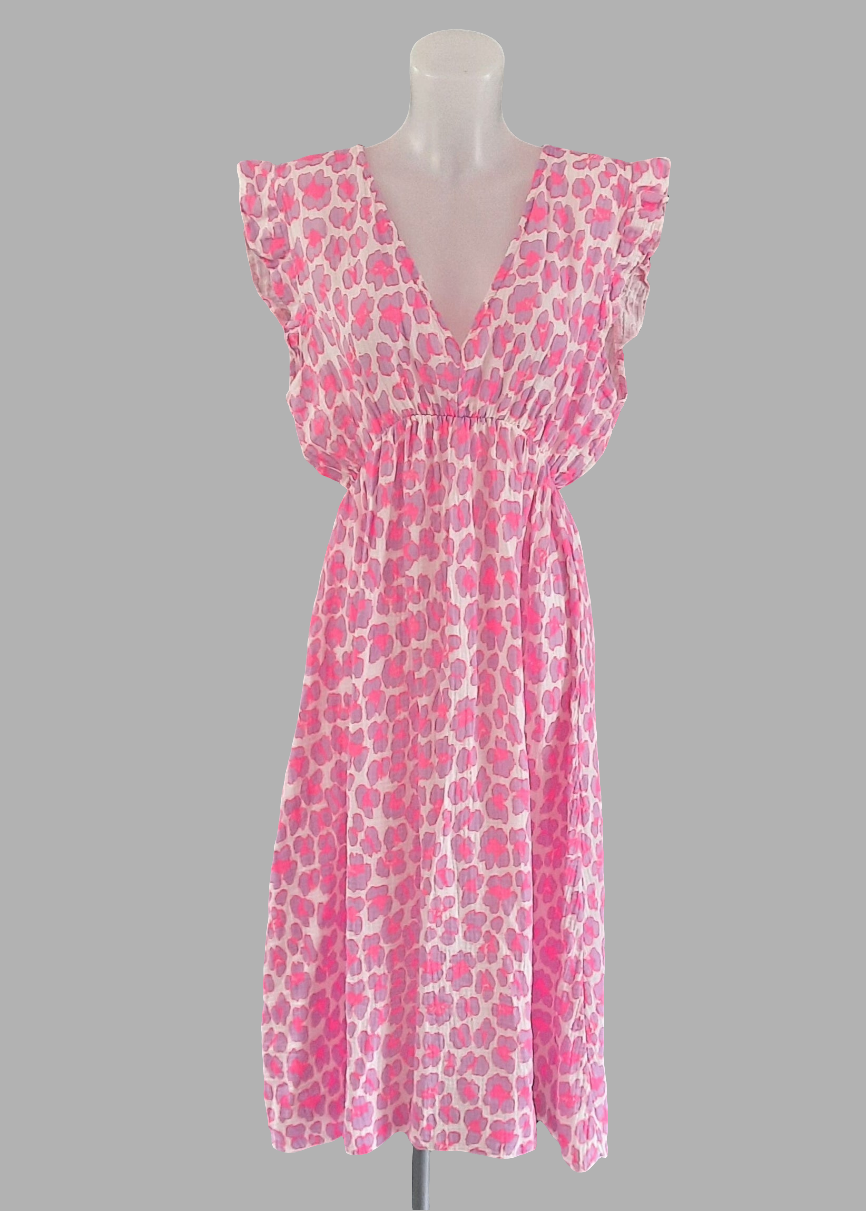 Robe violette et rose à imprimé léopard pour femme, coupe fluide mi-longue avec décolleté et lien dos, idéale pour un été plein de style – Timalya.