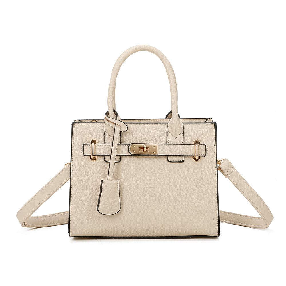 Sac à main femme couleur beige Gallantry, avec ceinture décorative dorée, anses rigides, bandoulière réglable, format structuré en simili cuir – Timalya.