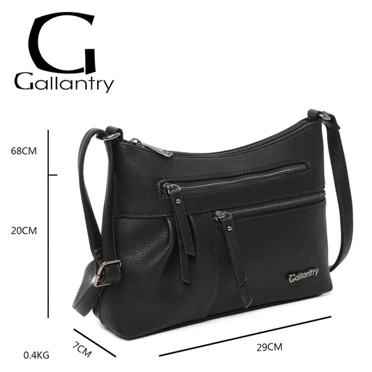 Sac bandoulière noir Gallantry en simili cuir, multi poches zippées, bandoulière réglable, style pratique et élégant pour femme active – Timalya.