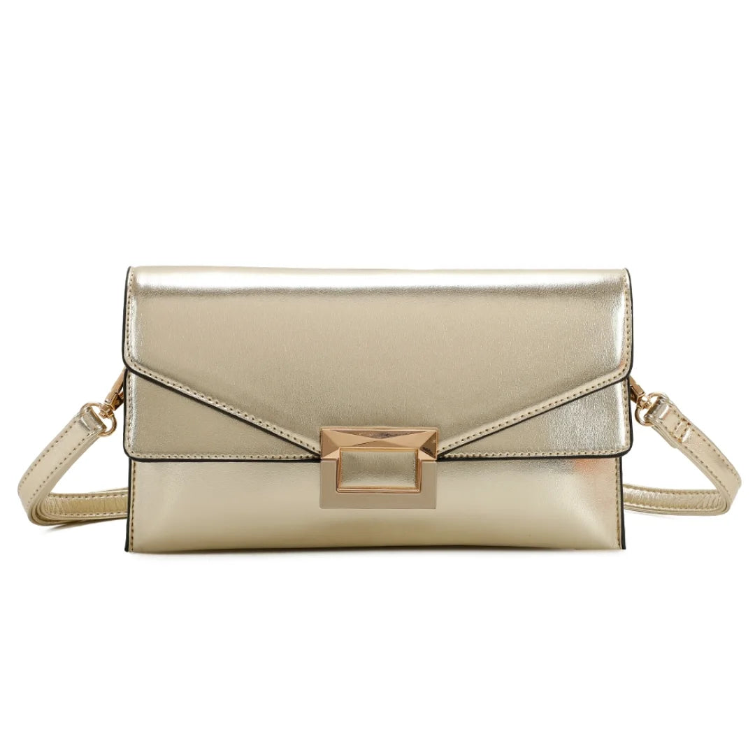 Sac à main Gallantry doré au format enveloppe, avec boucle dorée décorative, bandoulière amovible et fermeture à rabat, style chic et structuré pour femme