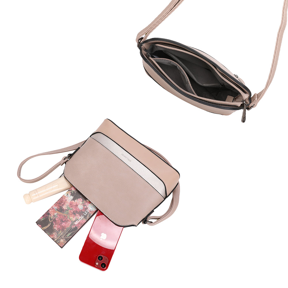 Sac à main bandoulière taupe pour femme de la marque Gallantry, avec bande argentée, fermeture zippée, bandoulière réglable et design élégant – Timalya