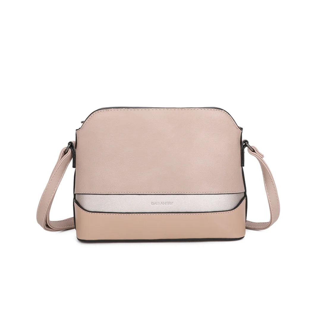 Sac à main bandoulière taupe pour femme de la marque Gallantry, avec bande argentée, fermeture zippée, bandoulière réglable et design élégant – Timalya