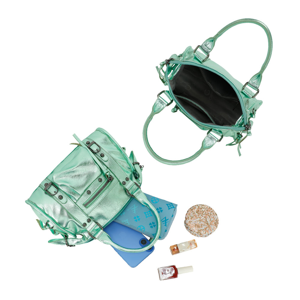 Sac à main femme vert métallisé Gallantry petit format avec anses rigides, bandoulière réglable, poches zippées, détails boucles et lanières – Style élégant et chic – Timalya.