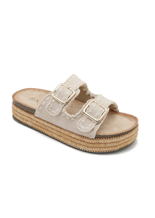 Sandales femme beige avec double boucle dorée, brides brodées, semelle effet espadrille en corde, confortables et estivales – Timalya.