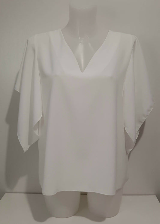Top fluide blanc col V à manches papillon, coupe fluide droite, 100 % polyester, taille unique 36-42, fabrication Italie – élégant et moderne