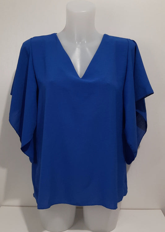 Top fluide femme bleu roy avec manches volantées, col V, coupe élégante et légère, taille unique du 36 au 42