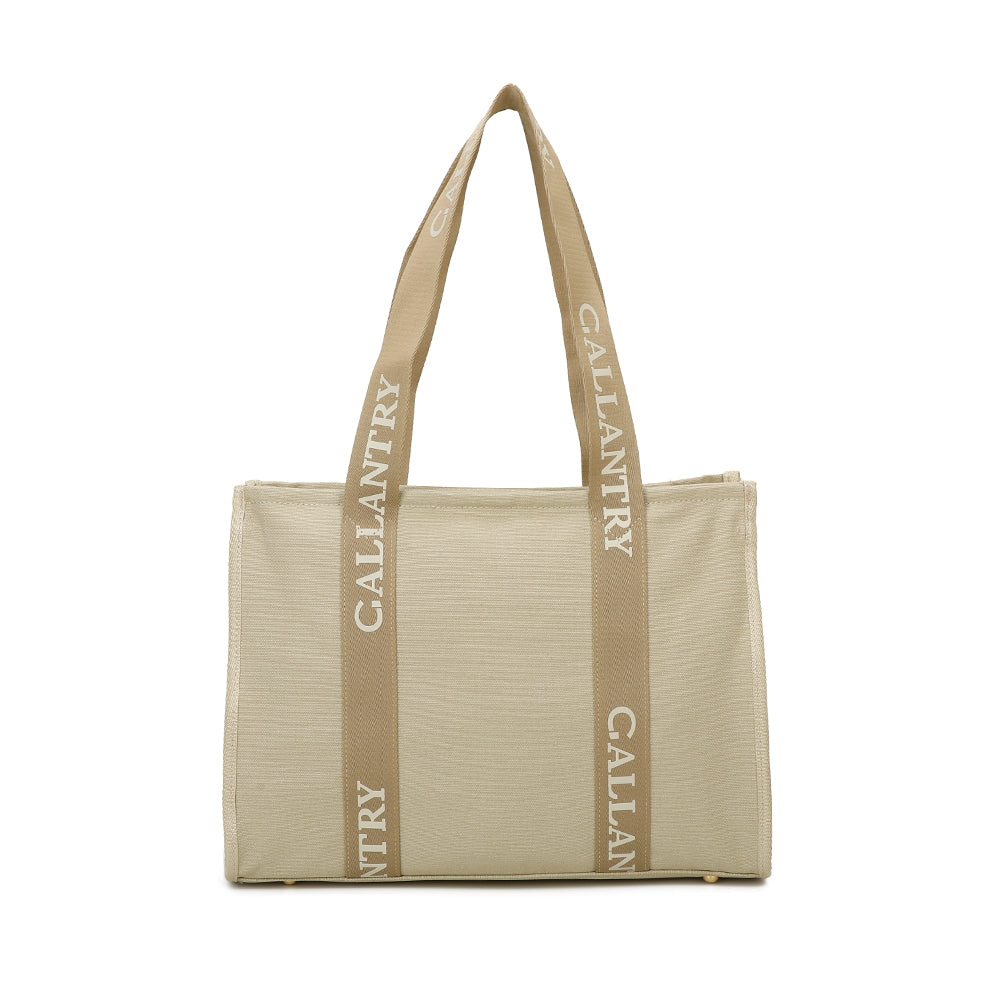 Grand tote bag Gallantry beige et taupe pour femme, en toile résistante, avec anses logotypées, fermeture zippée et base rigide dorée – pratique, tendance et spacieux