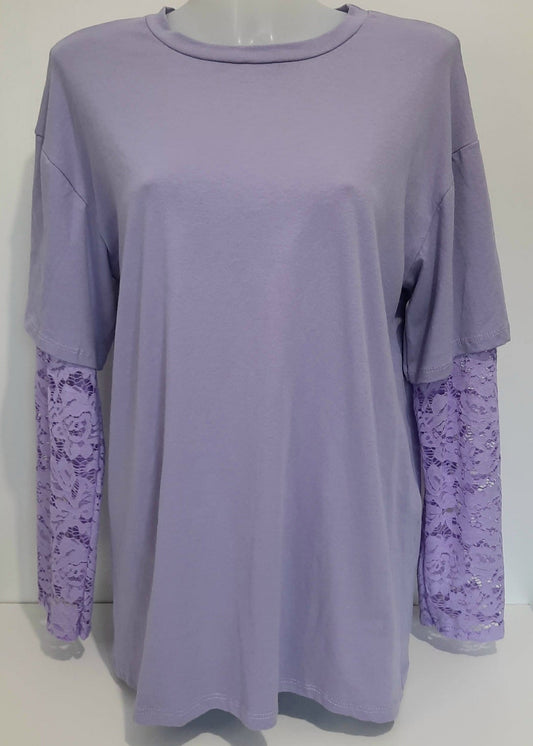 T-shirt parme manches longues en dentelle, coupe droite casual chic, 95 % coton 5 % élasthanne, taille unique 36-44, fabrication Italie