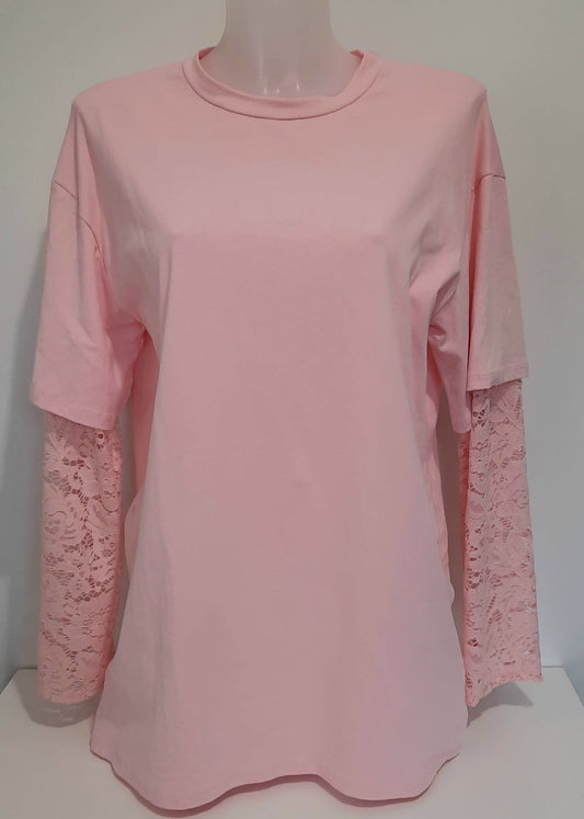 T-shirt rose taille unique 36-44 avec empiècement en dentelle, style casual, fabrication Italie