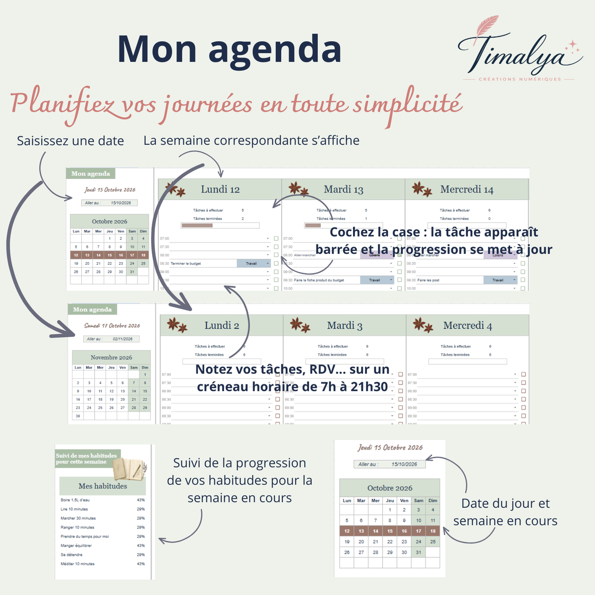Aperçu de l’onglet « Mon agenda » dans Google Sheets, pour planifier les tâches, rendez-vous et événements de la semaine et suivre ses habitudes.