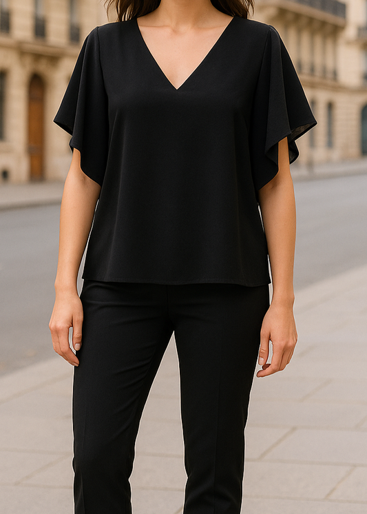 Top fluide noir à col V et manches papillon, coupe droite fluide en polyester léger, taille unique 36–42 – style élégant et moderne.