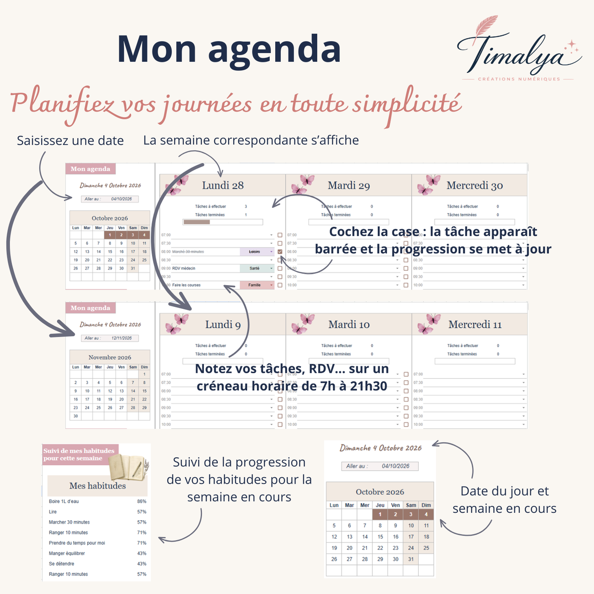 Agenda hebdomadaire Google Sheets Timalya avec planning des tâches par créneau horaire, calendrier interactif, cases à cocher et suivi des habitudes.