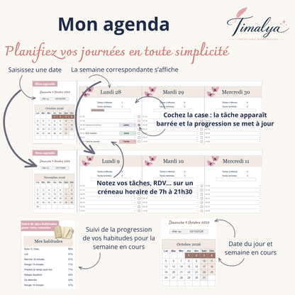 Agenda hebdomadaire Google Sheets Timalya avec planning des tâches par créneau horaire, calendrier interactif, cases à cocher et suivi des habitudes.