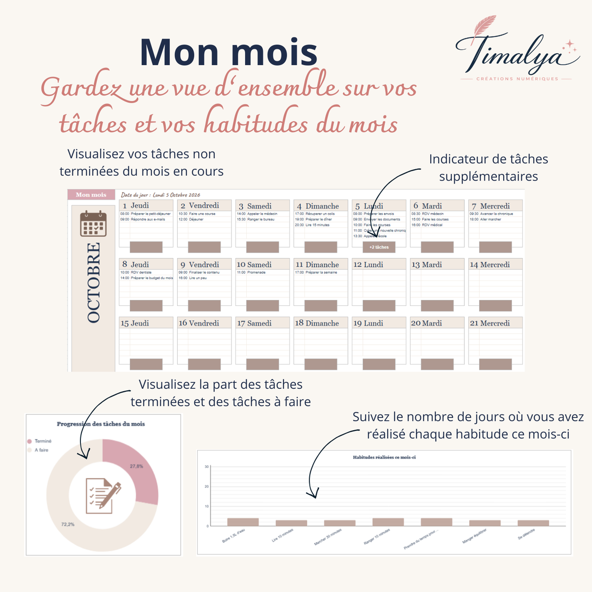 Vue mensuelle d’un agenda Google Sheets avec tâches non terminées, indicateur de tâches supplémentaires et graphiques de progression des tâches et des habitudes.