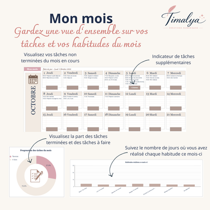 Vue mensuelle d’un agenda Google Sheets avec tâches non terminées, indicateur de tâches supplémentaires et graphiques de progression des tâches et des habitudes.