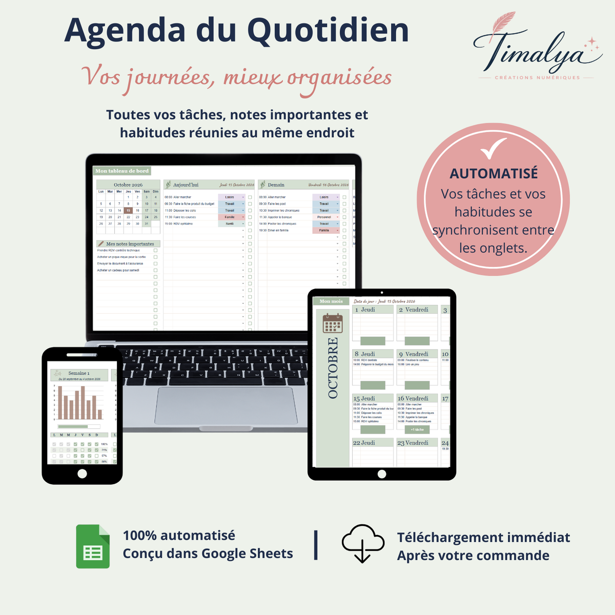 Aperçu de l’agenda numérique du quotidien vert sauge sur ordinateur et tablette, avec planning hebdomadaire, tâches, rendez-vous, notes et suivi des habitudes dans Google Sheets.