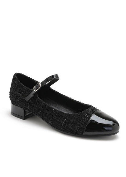 Ballerines en tweed noires femme avec bride fine et bout verni, petit talon carré brillant, style rétro élégant en textile noir scintillant – Timalya.