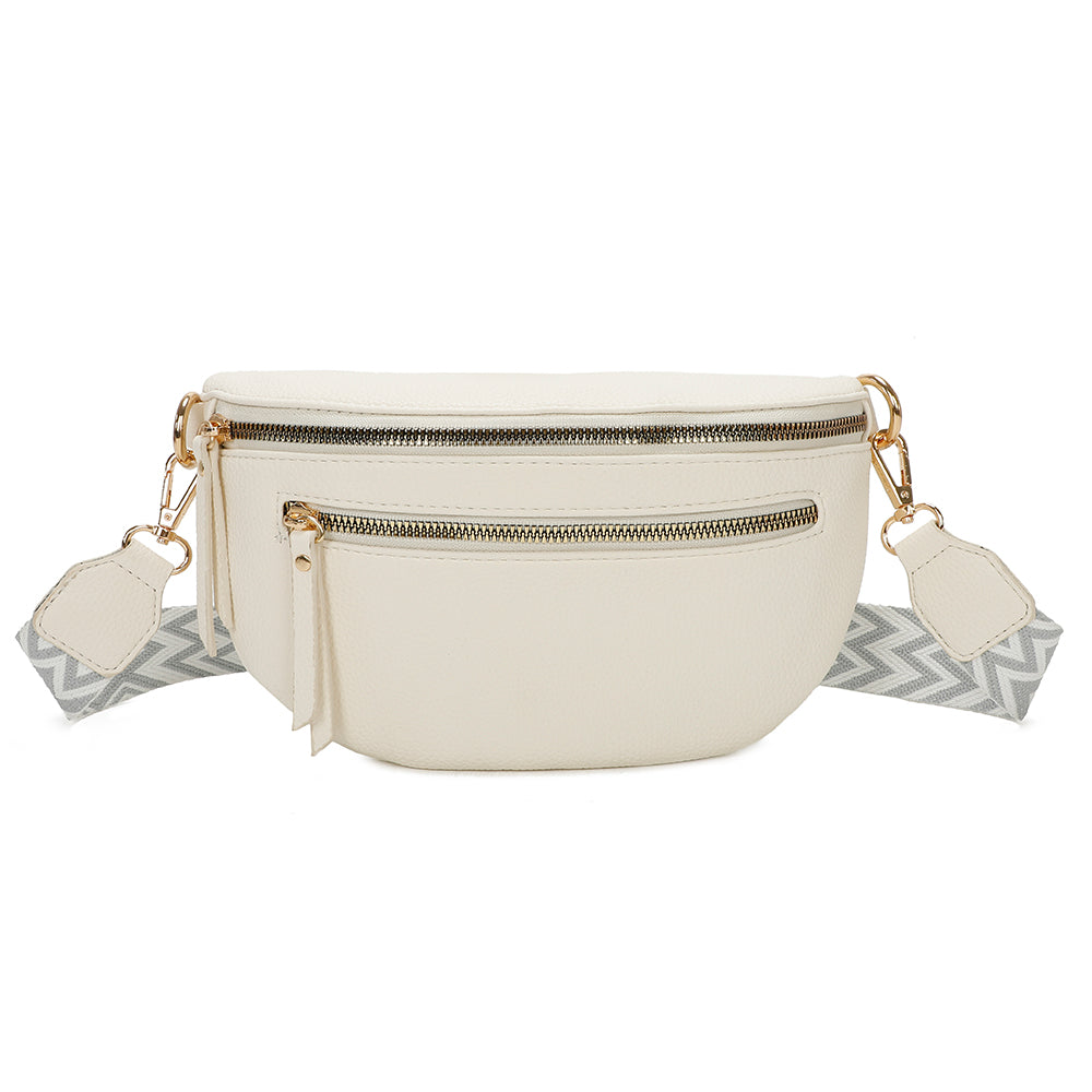 Banane Gallantry beige en simili cuir grainé, avec sangle réglable à motif chevrons, fermeture zippée et poche frontale, idéale pour un look tendance et pratique