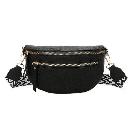 Banane Gallantry noire en simili cuir grainé, avec sangle réglable à motif chevrons, fermeture zippée et poche frontale, idéale pour un look tendance et pratique