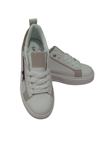 Baskets femme blanches avec étoile pailletée fuchsia sur le côté et détail doré léopard à l’arrière, semelle plateforme, look fun et tendance – Timalya.