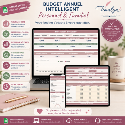 Budget annuel intelligent Google Sheets Timalya en mode Personnel et Familial avec tableau de bord, épargne et répartition du couple.