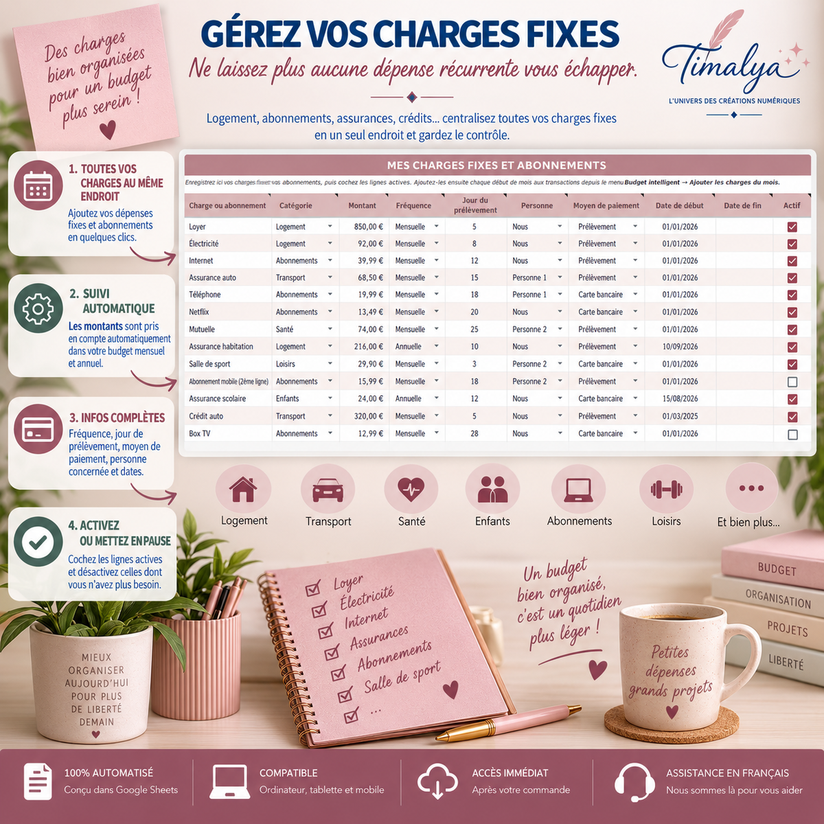 Gestion des charges fixes et abonnements avec suivi automatique dans le Budget Annuel Intelligent Timalya.