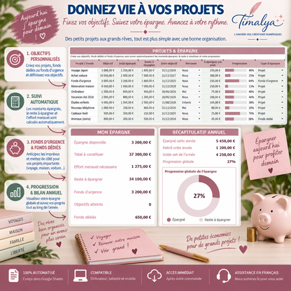 Suivi des projets et objectifs d’épargne avec progression automatique dans le Budget Annuel Intelligent Timalya.