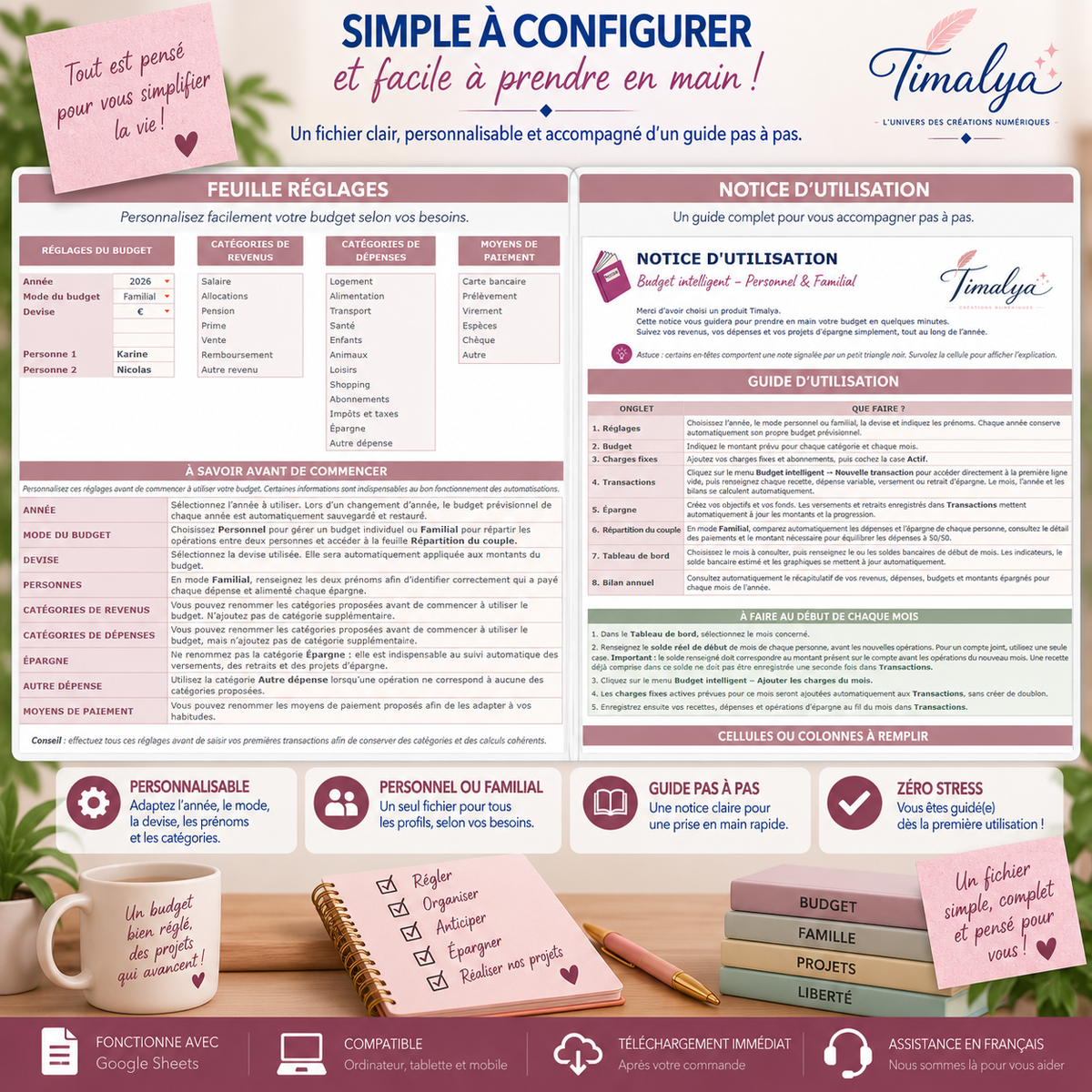 Réglages personnalisables et notice d’utilisation du Budget Annuel Intelligent Timalya sur Google Sheets, en mode personnel ou familial.