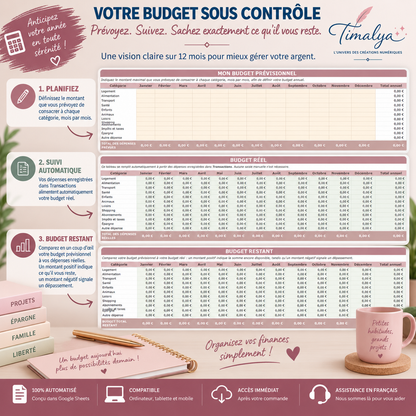 Budget prévisionnel, budget réel et budget restant du Budget Annuel Intelligent Timalya sur Google Sheets.